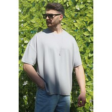 Eydamoon Erkek Gri Oversize Modal %100 Pamuk Kumaş Rahat Kesim Bisiklet Yaka T-Shirt