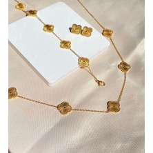 Şöhret Takı Aksesuar Gold Yonca Takımı Kolye Bileklik Küpe Paslanmaz Çelik