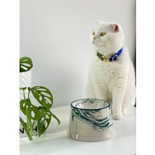 Feyza Design Renkli Moon Bowl Seramik Mama ve Su Kabı, Ebru Desenli Yeşil Çizgili