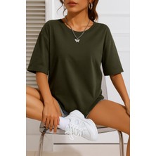 Eydamoon Kadın Oversize Likralı Süprem %100 Pamuk Kumaş Bisiklet Yaka Basic T-Shirt