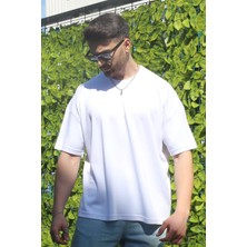 Eydamoon Erkek Beyaz Oversize Modal %100 Pamuk Kumaş Rahat Kesim Bisiklet Yaka T-Shirt
