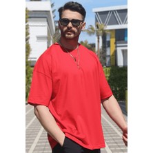 Eydamoon Erkek Kırmızı Oversize Süprem %100 Pamuk Kumaş Bisiklet Yaka T-Shirt