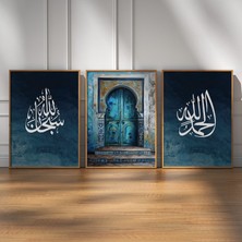 Pam Studio Turkuaz Kapı & Islami Hat Yazılı 3’lü Tablo Seti | Manevi Temalı Duvar Dekoru