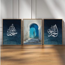 Pam Studio Mavi Kapı & Islami Hat Yazılı 3’lü Tablo Seti | El-Hayy & Sübhânallah Temalı Duvar Dekoru