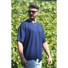 Eydamoon Erkek Lacivert Oversize Modal %100 Pamuk Kumaş Rahat Kesim Bisiklet Yaka T-Shirt