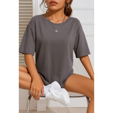 Eydamoon Kadın Oversize Likralı Süprem %100 Pamuk Kumaş Bisiklet Yaka Basic T-Shirt