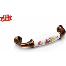 Berfino 315/096/07-015 (5'li) Gerçek Porselen Kulp – Antik Bakır Ayaklı Çekmece & Dolap Kulpu (96 Mm)
