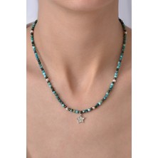 Turkuaz ve Pirit Taşlı 925 Ayar Gümüş Dorika ve Yıldız Detaylı El Yapımı Doğal Taş Tasarım Kolye