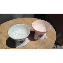 Feyza Design Eğimli Seramik Mama Kabı, Kedi ve Köpekler Için Ebruli Krem-Kırmızı