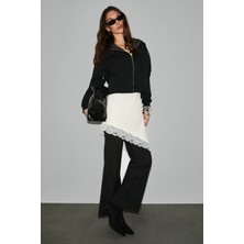 Grimelange Vyselle Kadın Önü Kesikli Metal Fermuarlı Kapüşonlu Etiket Detaylı Oversize Siyah Sweatshirt