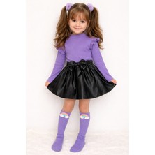 Özge Başaran Kız Çocuk Mor Ribana Badi, Siyah Deri Etek ve Gökkuşağı Çorap 3’lü Takım