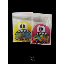 Hg Ambalaj 100 Adet 10X14 cm Sarı ve Kırmızı Renk Canavar Figürlü Bantlı Yapışkanlı Şeffaf Opp Jelatin Poşet, Kurabiye Poşeti ( 10X10+4)