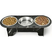 Feyza Design Çelik Kedi Mama ve Su Kabı Seti, Siyah Mermer Tasarım, 3'lü Paket