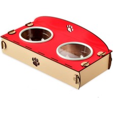 Feyza Design 2'li Ahşap ve Plastik Kedi Köpek Mama ve Su Kabı Seti, Kırmızı