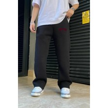 Eydamoon Erkek Kışlık Baggy Pamuk ve Yünlü Boston Yazılı Bol Paça Yan Cepli Eşofman Altı