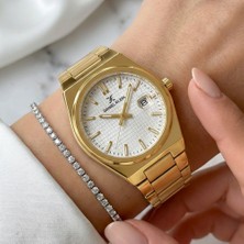 Daniel Klein DKE.1.13917.5 Gold Kare Dokulu Beyaz Kadran Takvimli Çelik Kordonlu Kadın Kol Saati