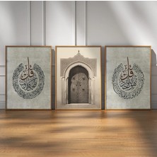 Pam Studio Islami Üçlü Tablo Seti | Hat Sanatı ve Mimari Kapı Detaylı | Manevi ve Zamansız Duvar Dekoru