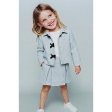 Magu Kız Çocuk Pamuklu Mavi Dokulu Ceketli Etek Takım – T-Shirt Dahil 3'lü