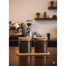 Yiwu Bambu Kapaklı ve Altlıklı Vakumlu Çizgili Kare Kavanoz 2`li 700ML