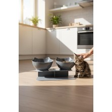 Feyza Design Iki Hazneli Gri Kedi Kafa Tasarımlı Standlı Mama ve Su Kabı 350 ml