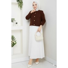 RFK Butik Kadın Triko Gold Kalpli Hırka Piliseli Etekli Takım - Kahverengi-Beyaz