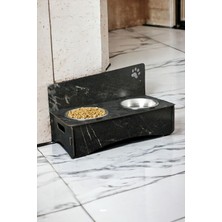 Feyza Design Şık Siyah Mermer Ahşap Kedi Mama Kabı Standı, Paslanmaz Çelik Kaseli