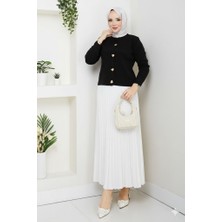 RFK Butik Kadın Triko Gold Kalpli Hırka Piliseli Etekli Takım - Siyah-Beyaz