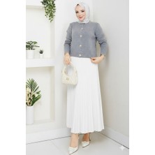 RFK Butik Kadın Triko Gold Kalpli Hırka Piliseli Etekli Takım - Gri-Beyaz