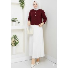 RFK Butik Kadın Triko Gold Kalpli Hırka Piliseli Etekli Takım - Bordo-Beyaz