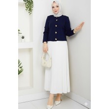 RFK Butik Kadın Triko Gold Kalpli Hırka Piliseli Etekli Takım - Lacivert-Beyaz