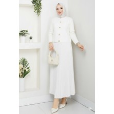 RFK Butik Kadın Triko Gold Kalpli Hırka Piliseli Etekli Takım - Beyaz-Beyaz