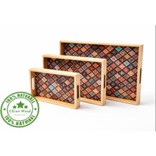 Ceren Wooden Ceren Wood %100 Doğal Desenli Üçlü Ahşap Tepsi Seti