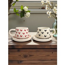 Artistic Quality Dekoratif Siyah ve Kırmızı Kalp Işlemeli, Kabartma Detaylı Çay-Kahve Fincanı 2 Adet