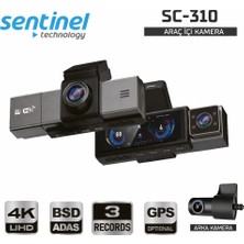 Sentinel SC-310 4K 3 Kameralı Araç Içi Kamera 3.2'' Ekran Wifi Adas Bsd G-Sensör Park Modu