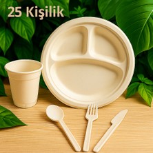 Ekolojik Ambalaj Doğa Dostu Organik Piknik-Sofra Seti 125 Parça | 26 cm 3 Bölmeli Tabak-Bardak-Çatal-Kaşık-Bıçak