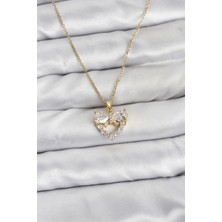 Skygo 316L Çelik Zincir Gold Renk Kalp ve Fiyonk Model Zirkon Taşlı Kadın Kolye