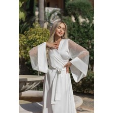 Velina Group Beyaz Saten Kolları Inci Detaylı Gelin Sabahlık Kimono Şık Sabahlık