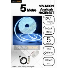 Buz Mavi Neon LED Şerit 5 Metre Anahtarlı Tak Çalıştır Adaptörlü