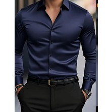 Vahik Lacivert Pamuklu Saten Slim Fit Gömlek Erkek Casual Stil Düğmeli Tasarım