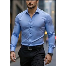 Vahik Gökyüzü Mavisi Pamuklu Saten Fit Kesim Gömlek