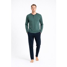 CharMe Erkek Pamuklu Önü Düğmeli Uzun Kollu Rahat Kalıp Pijama Takımı