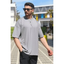 Eydamoon Erkek Gri Oversize Süprem %100 Pamuk Kumaş Bisiklet Yaka T-Shirt