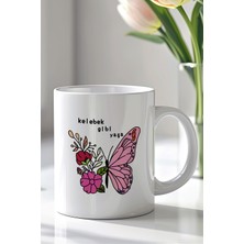 YasBey Design Mizahi Yazılı Kelebek Desenli 330ML Baskılı Beyaz Seramik Kupa Bardak