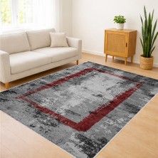 Gri Zemin Üzerine Kırmızı Detaylı Modern Salon Halısı Leke Tutmaz Kaymaz Tabanlı Dört Mevsim Kullanım - Fnl-35