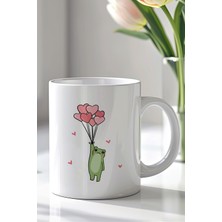 YasBey Design Kalpli Sevimli Kurbağa Desenli 330ML Baskılı Beyaz Seramik Kupa Bardak
