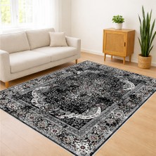 Siyah ve Gri Yoğun Desenli Klasik Salon Halısı Yıkanabilir Leke Tutmaz Kaymaz Tabanlı - FNL-227