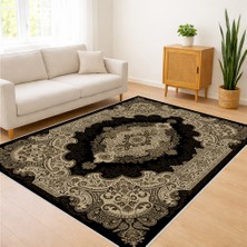 Siyah ve Altın Tonlu Klasik Oval Desenli Oturma Odası Halısı Yıkanabilir Leke Tutmaz Kaymaz Tabanlı - Fnl-91