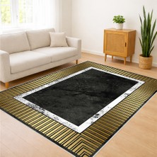 Siyah Zemin Üzerine Altın Çerçeveli Modern Oturma Odası Halısı Yıkanabilir Kaymaz Tabanlı Şık Tasarım - FNL-123