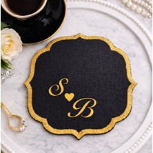 Frisson Söz & Nişan Tepsisi Için Söz Mendili Kişiye Özel Kenarları Gümüş Nakışlı Siyah Peçete Damat Kahvesi