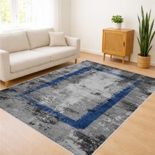 Gri Zeminli Mavi Detaylı Modern Oturma Odası Halısı Yıkanabilir Antialerjik Kaymaz Tabanlı - Fnl-36
